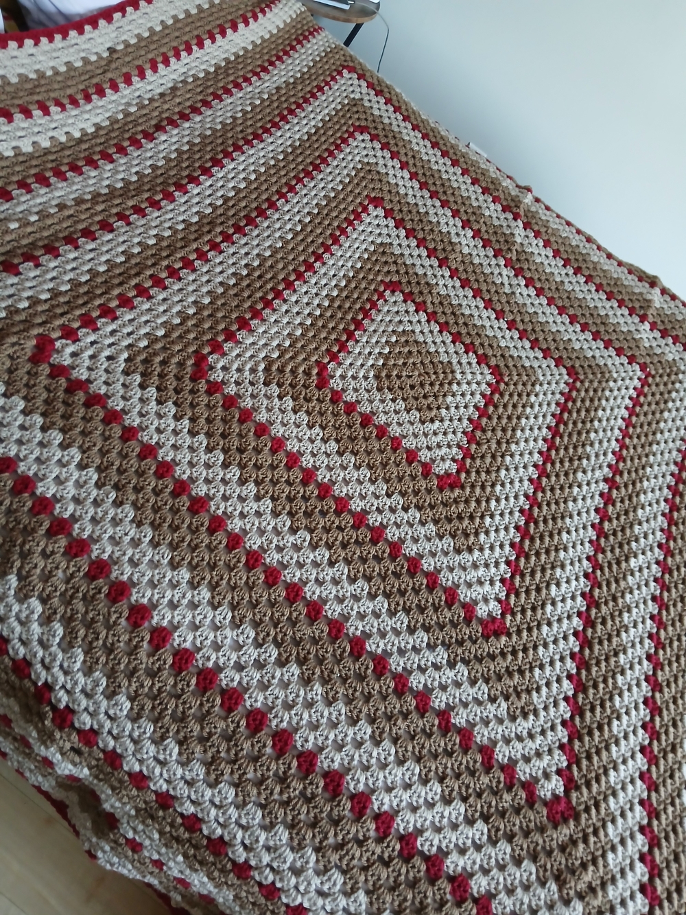 Handmade Crochet Bed Throw in Beige, Cream & Red